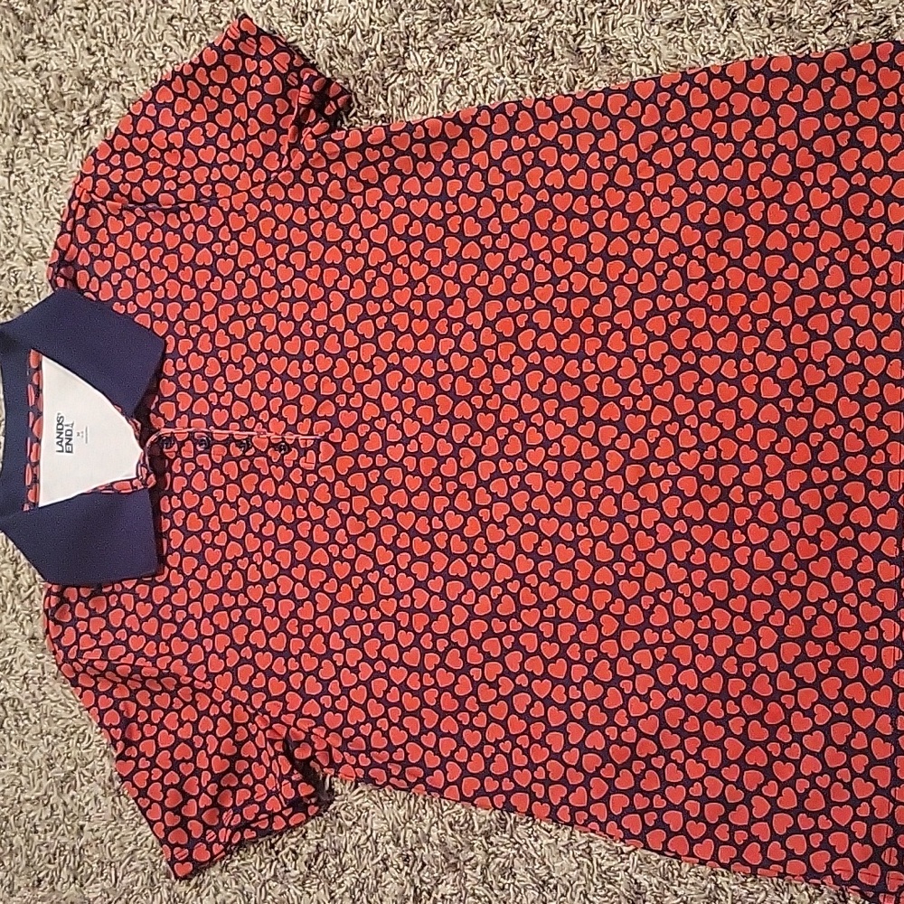 Lands' End Heart Polo Shirt Valentines Golf Novelty Medium Red Navy Short Sleeve